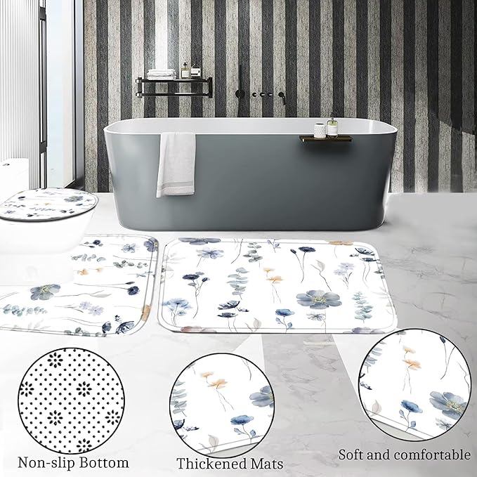 DDQQ 4Pcs Flower Shower Curtain Set with Floral Bathroom Sets, Blue Floral Shower Curtain with 12 Hooks, Bathroom Decor with Rugs Bath Accessories with Shower Curtains for Bathroom Toilet Lid Cover
