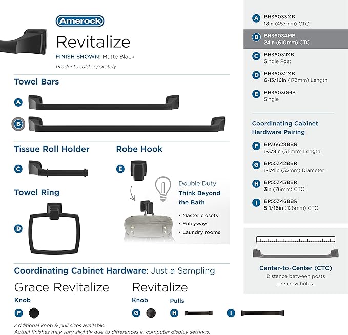 Amerock BH36034MB | Matte Black Towel Bar | 24 in (610 mm) Towel Rack | Revitalize | Bathroom Towel Holder | Bathroom Hardware | Bath Accessories