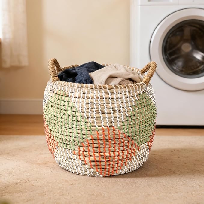 Laundry Hamper Basket Set of 3, Handwoven Natural Seagrass Storage Baskets with Handles for Home, Bedroom, Living Room & Laundry, Organization for Clothes, Toys, Blankets, 55.5L & 27.9L & 15.3L