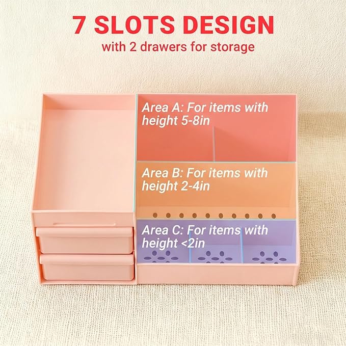 Makeup Organizer with Drawers, Cosmetic Organizer for Vanity Dresser Bathroom Countertop, Large CapacityOrganizer for Skincare, Lipstick, Palettes (Pink-2 Pack)
