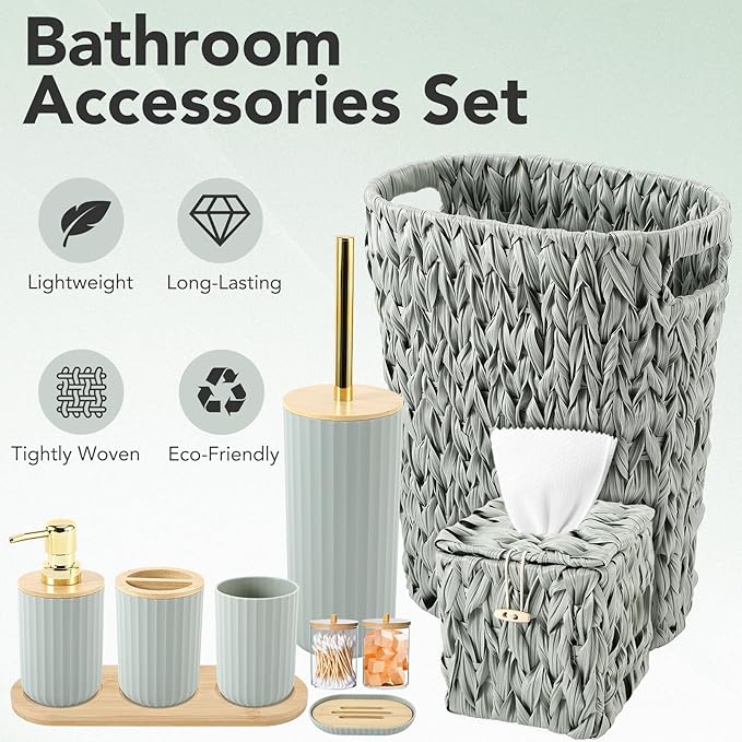 Bathroom Accessory Set, 10 Pieces Bath Set- Wicker Trash Can Tissue Box Soap Dish Toothbrush Holder Rinse Cup Lotion Bottle Toilet Brush Qtip Holder - Practical Bathroom Decor Sets (Green, Bath Set)