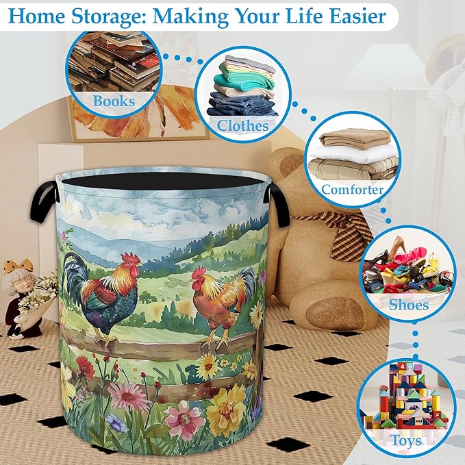 Rooster Laundry Hamper Farm Floral Laundry Basket Collapsible Portable Clothes Toy Storage Bin for Bathroom Bedroom Room Decor 16 X 20.8 Inch