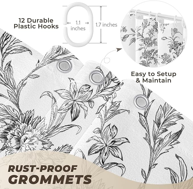 Black Floral Shower Curtain, Cotton Linen Cottagecore Shower Curtains for Bathroom