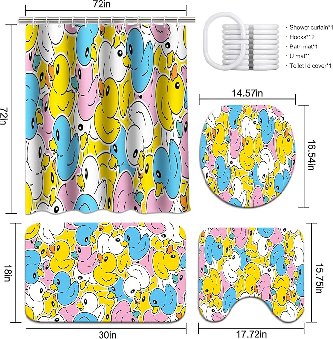 Lnond 4 Pcs Kids Bathroom Shower Curtain Set, Colorful Duck Bathroom Sets for Kids Bathroom Decoration with Shower Curtain, Non Slip Bathroom Rugs, Toilet Lid Cover, U Toilet Mat and 12 Hooks