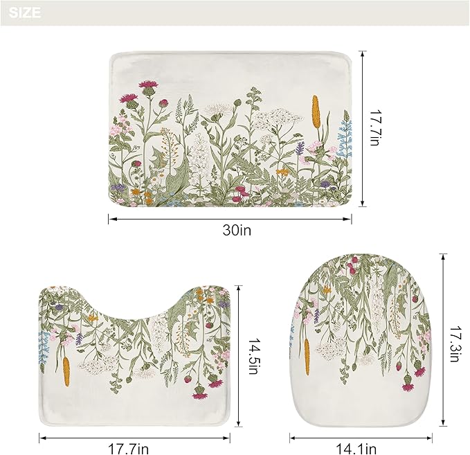 Riyidecor Wildflower Botanical 4Pcs Bathroom Shower Curtain Sets Floral Flower Herbs Green Leaf Bathroom Decor Set with Rugs and Accessories Plant Toilet Lid Rug, Contour and Bath Mat with 12 Hooks