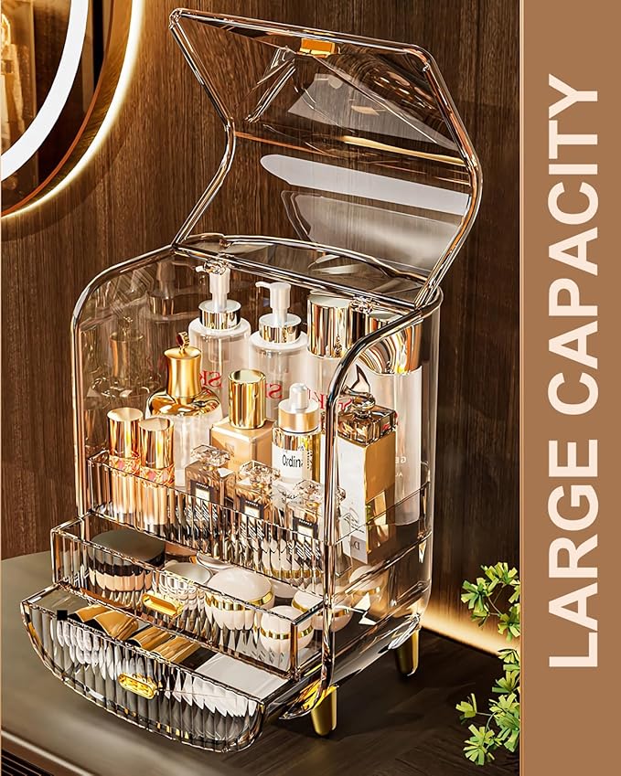 Makeup Organizer, Large Capacity Cosmetics Makeup Organizer for Vanity, Dustproof Waterproof Cosmetics Display Case with Drawers for Skincare, Lipstick, Brushes and Jewelry (Hermes Orange)