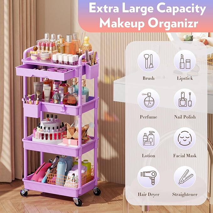 Makeup Cart Organizer with Drawers, 4 Tier Floor Skincare Organizers for Vanity, Rolling Makeup Bathroom Storage Cart Cosmetics Display Cases for Skin Care Perfume Nail Polish, Purple