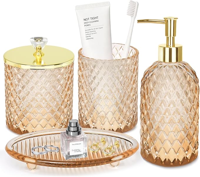 Jenseits Amber Glass Bathroom Accessories Set 4 Pcs - Vintage Diamond Pattern Bathroom Set with Gold Pump - Soap Dispenser, Tray, Toothbrush Holder, Qtip Holder - Rustic Farmhouse Decor