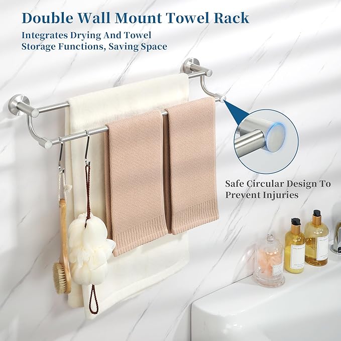 Alise Double Towel Bars,24 Inch Towel Rack for Bathroom, Wall Mount Towel Holder, Quick Drying Towel Hanger SUS304 Stainless Steel Towel Rail, Brushed Nickel, GOY4600-LS