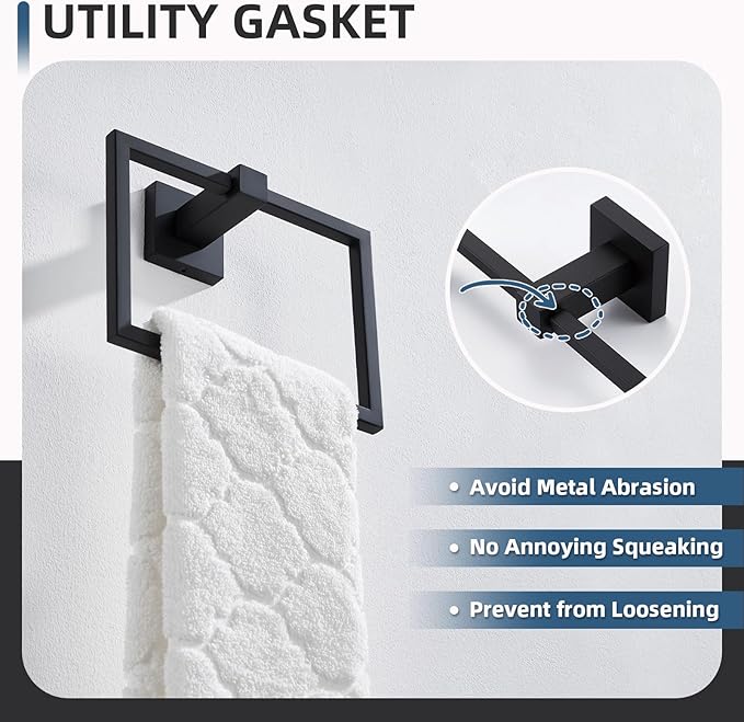 Angle Simple Square Towel Ring Matte Black, SUS 304 Stainless Steel Bathroom Swivel Hand Towel Holder Rack 7.09 Inches, Wall Mount