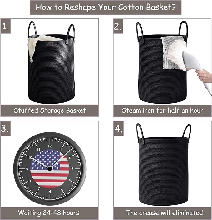 80L Black Woven Rope Hamper Laundry Basket for Clothes Tall Modern Blanket Storage Basket in Living Room Bedroom Extra Large 16"L x 16"W x 22"H