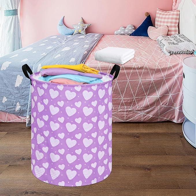 Round Valentine's Heart Pattern Laundry Hamper Clothes Storage Basket Fabric Storage Hamper Organization Storage Bin, Nursery Box,Gift Basket with Handles