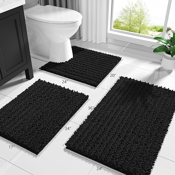 Yimobra Bathroom Rugs Non Slip Washable - Ultra Soft Absorbent Chenille Bath Mat, Quick Dry Shaggy Floor Carpet for Tub Shower, Black Home Decor Accessories, 24x17 Inch