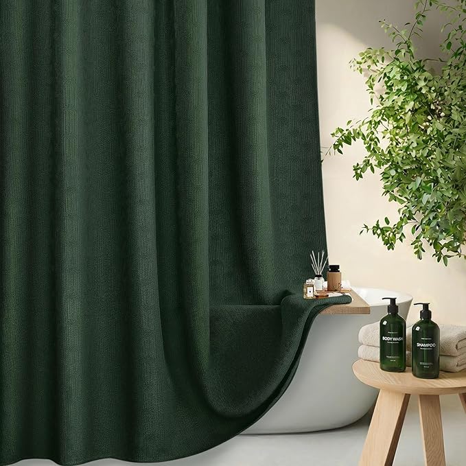Dark Green Shower Curtain Boho Cotton Texture Mid Century Minimalist Arch Shower Curtain for Bathroom,72" W X 72" L
