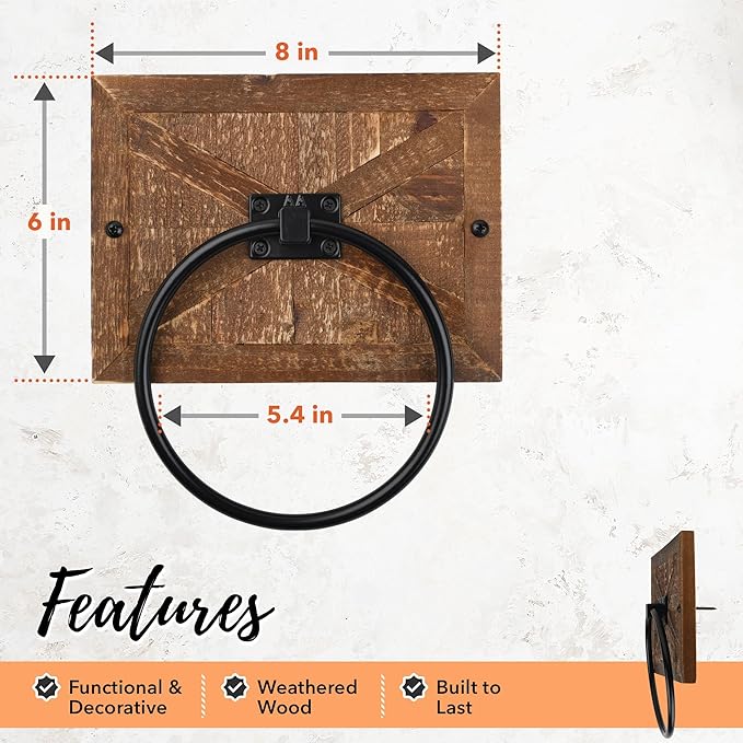 Autumn Alley Farmhouse Hand Towel Ring for Bathroom - Barn Wood Bath Towel Rings Holder - Towel Rings for Bathroom Wall Mounted Decor Mix of Wood, Galvanized Metal & Black Rings