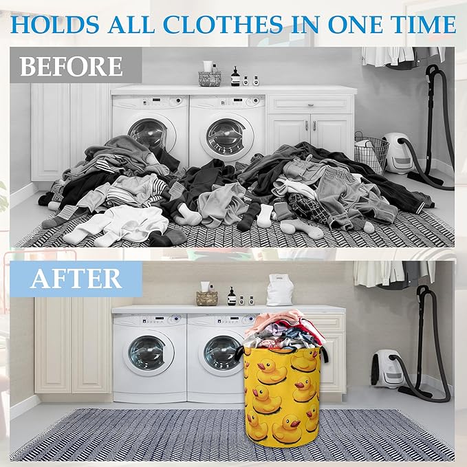 Cute Yellow Ducks Laundry Basket Collapsible Laundry Hamper Oxford Storage Bin for Clothes Storage, Toy Organizer, Books and Sundries 16" X 20.8"