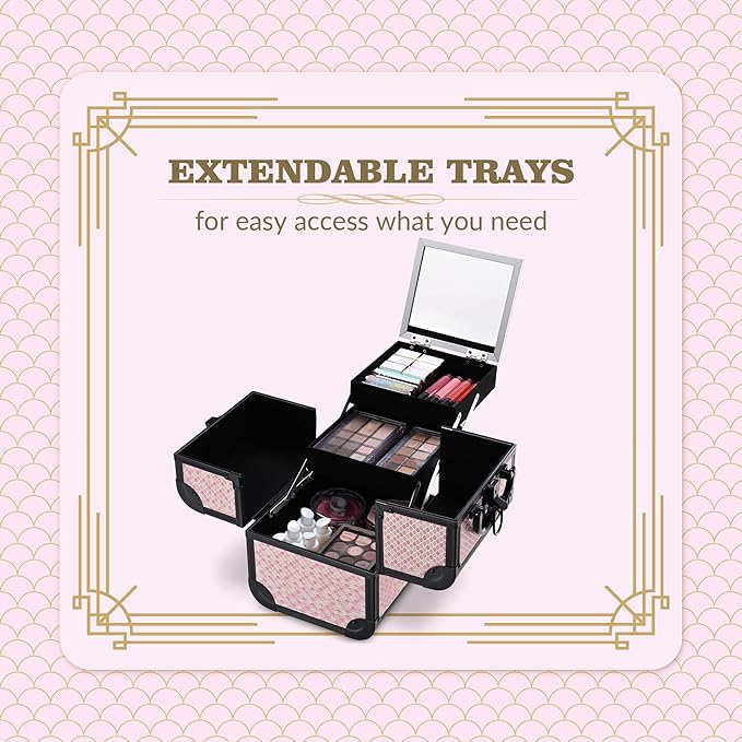 BYOOTIQUE Makeup Train Case with Mirror Travel Case for Barber Art Deco Bloom