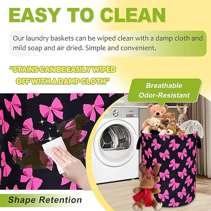 Pink Bow Laundry Basket Funny Bowknot Foldable Waterproof Oxford Cloth Tote Bag Laundry Hamper Round Large Clothes Storage Bucket Toy Organizer For Bathroom/Laundry Storage/Bedroom 18.9x16.5 Inch