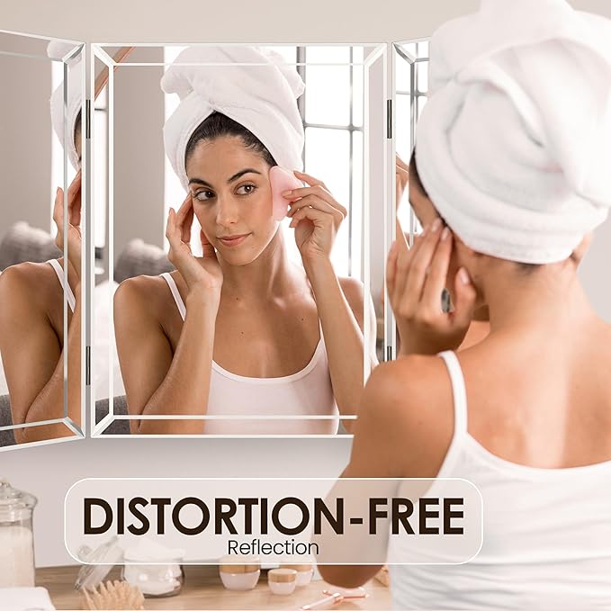 Houseables 3 Way Mirror, Trifold Mirror, Trifold Vanity, Three Way Folding, Tri Fold, For Braiding Hair, 3way, 3 Sided, Three Panel, Triple, Tabletop, Bathroom, Makeup, Self Haircut, 360, 21 x 31 Inch