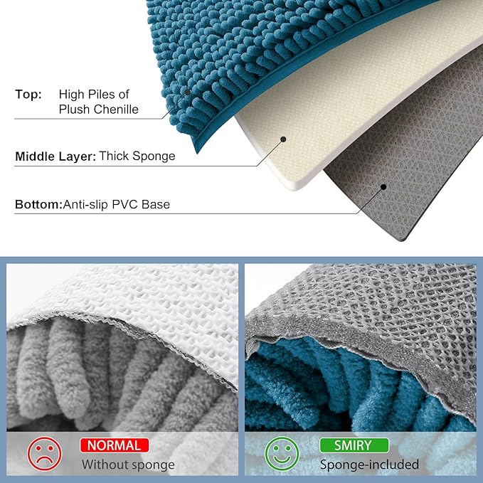 Smiry Luxury Chenille Toilet Rugs U-Shaped 20x20, Soft Absorbent Non-Slip Contour Bathroom Rugs for Toilet, Machine Washable Contoured Bath Mats, Peacock Blue