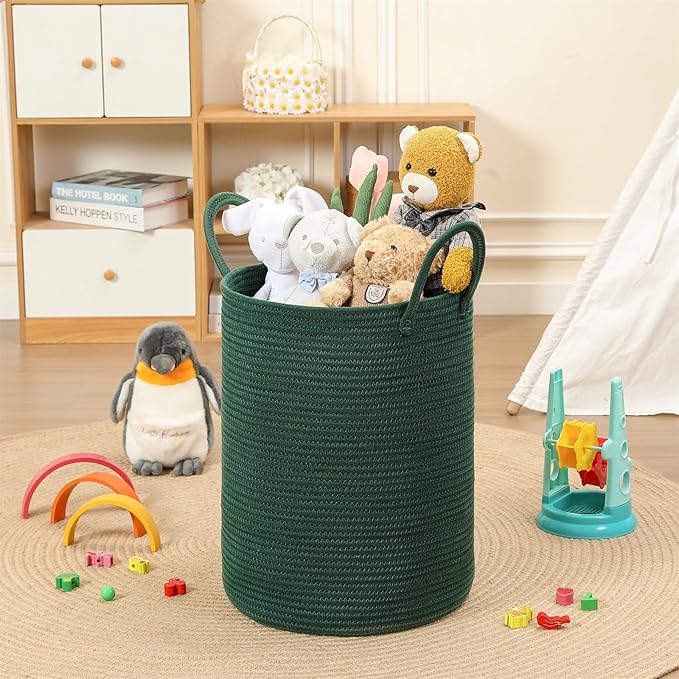40L Woven Laundry Basket Hamper, 100% Natural Cotton Rope, Handwoven & Durable, Storage for Blankets, Toys, Clothes, Decorative Nursery Hamper for Living Room, Baby Room, Bedroom (Dark Green)