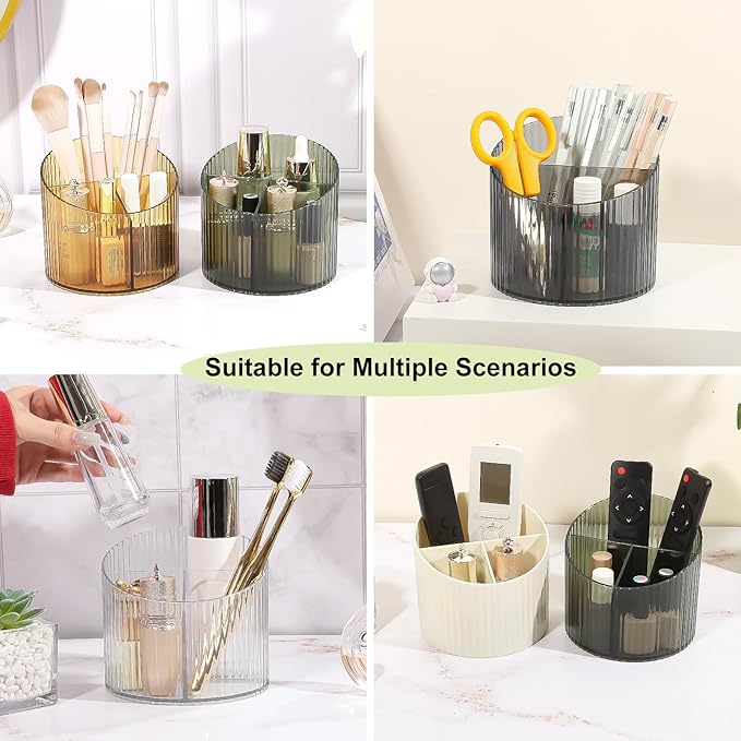DASITON 3 Slots Makeup Brush Holder, Acrylic Makeup Brush Cup, Vintage Striped Make Up Brush Holder for Vanity Decor, Bathroom Countertops, Desk Storage Container, Cosmetic Display Cases (Yellow)