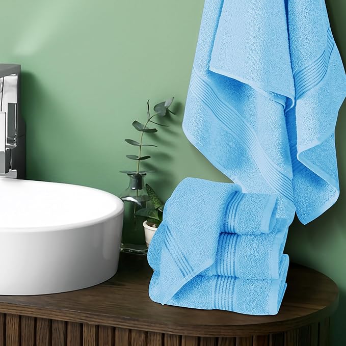 Elvana Home Ultra Soft 6 Pack Cotton Towel Set, Contains 2 Bath Towels 28x55 inch, 2 Hand Towels 16x24 inch & 2 Wash Coths 12x12 inch, Ideal for Everyday use, Compact & Lightweight - Sky Blue