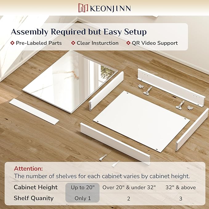 Keonjinn White Medicine Cabinet 14.5 x 18.5 Inch, Assembly Required, Mini Medicine Cabinet Mirror for Compact Bathroom, Free Adjustable Shelves, Wall Mount or Recessed, Tempered Glass