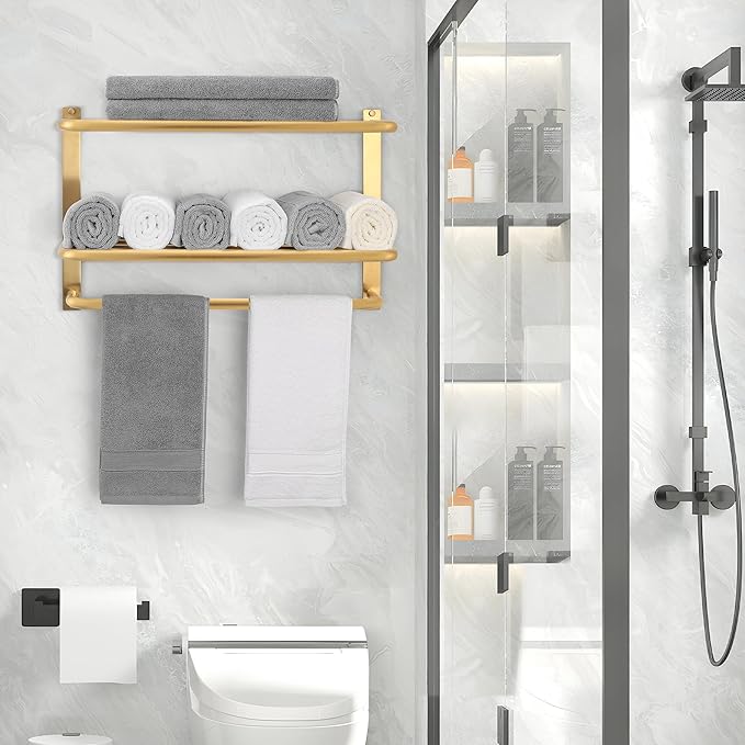 Towel Rack for Bathroom, DEWVIE 23 Inch Tower Holder with Tower Bars, SUS 304 Stainless Steel Lavatory Bath Towel Shelf Towel Hanger Wall Mount, 3-Tier (Brushed Gold)