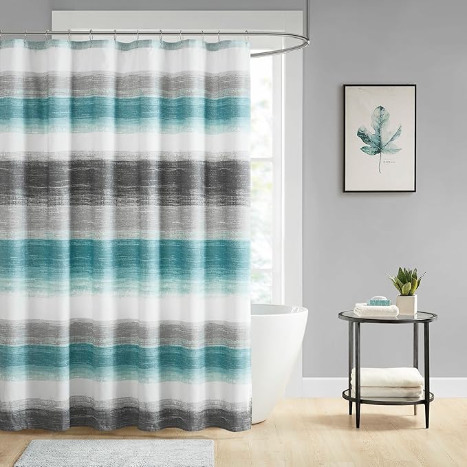 Madison Park Essentials Shower Curtain, Watercolor Print Multi Blue Shower Curtain for Bath Room, Modern Bathroom Décor, Machine Washable, Microfiber Fabric Shower Curtain, Saben, 72x72 Aqua/Grey