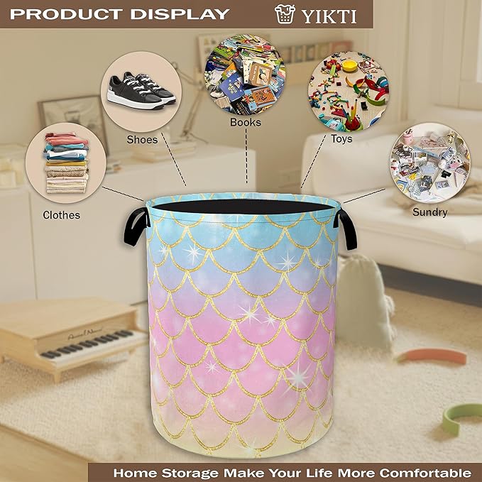 Glitter Mermaid Scales Laundry Basket,Pink Blue Gold Clothes Hamper,Oxford Cloth Collapsible Nursery Hamper Storage Organization for Bedroom,Bathroom,Office,College Dorms,16x20 Inch
