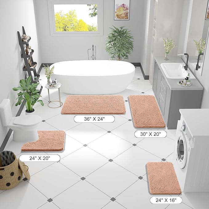 OLANLY Bathroom Rugs 47x24, Extra Soft Absorbent Chenille Bath Rugs, Rubber Backing Quick Dry, Machine Washable Bath Mats for Bathroom Floor, Tub and Shower, Home Decor Accessories, Peach