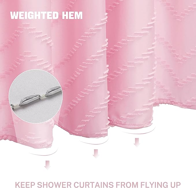 Pink Extra Long Boho Shower Curtain Pink Woven Fabric 78 in Shower Curtain, Tufted Chevron Striped, 72 x 78, Modern Chic Textured Minimalist Cute Shower Curtain for Bathroom