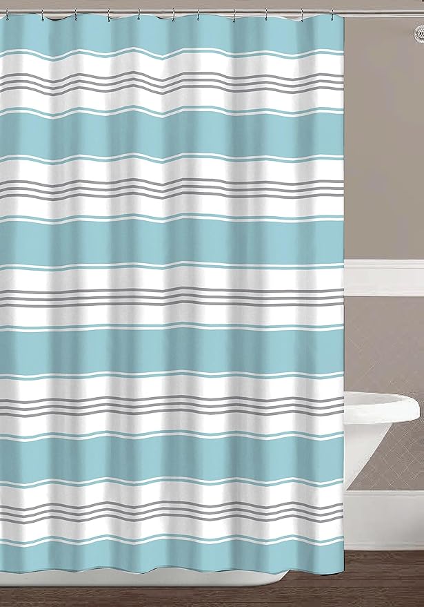Serafina Home Nautical Striped Fabric Shower Curtain, Coastal Wide Stripe Design, Aqua Grey White, 70" x 72", with Hooks