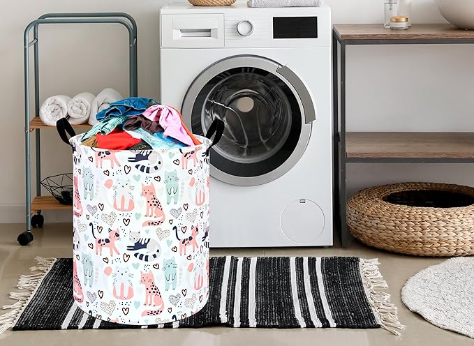 KUNRO Round Cat Laundry Gift Basket Storage Hamper, Clothes Storage Organizer Bins, Shelf Basket with Handles for Room Decor