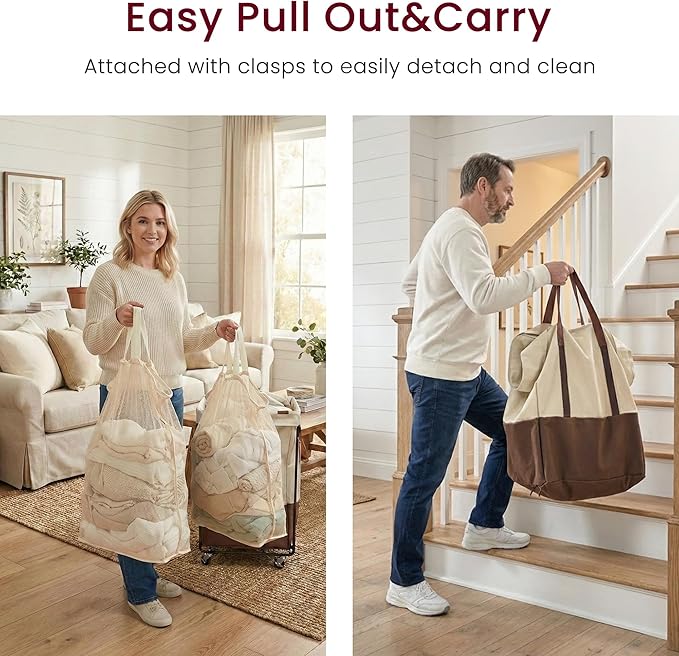 150L Rolling Laundry Basket with Wheels and 2 Removable Bags, Double Laundry Hamper with Lid, 2 Section Large Capacity for Laundry Bedroom Bathroom Dorm, Easy Move & Organize 19.7"x15.7"x31.9", White