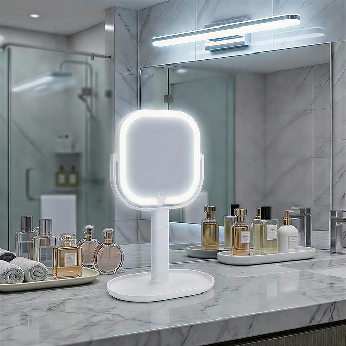 Makeup Mirror with Lights, 1X/10X Magnifying Mirror with Light, Rechargeable Lighted Makeup Mirror with Magnification, 3-Color Lighting, Height Adjustable 360° Rotation Desk Mirror, Gift for Women