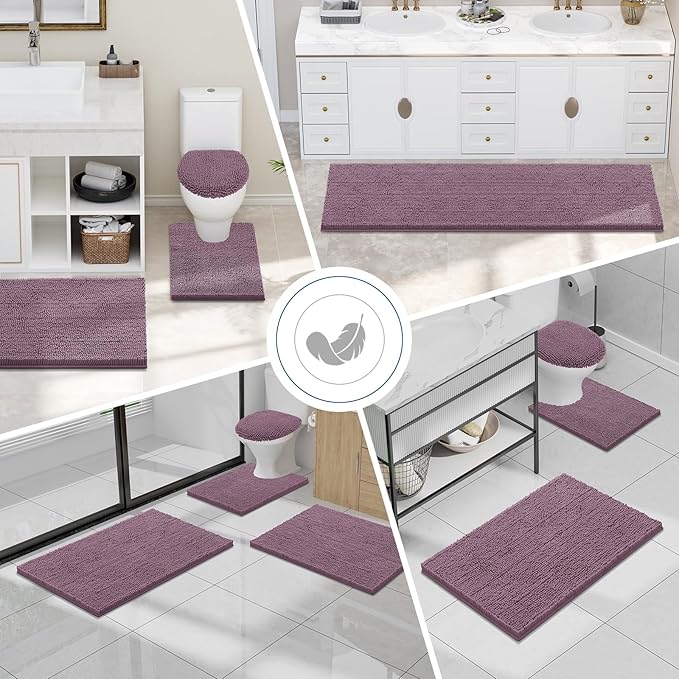 Smiry Luxury Chenille Bathroom Rugs 24x16, Extra Soft and Absorbent Shaggy Bath Mat, Machine Washable, Non-Slip Plush Carpet Runner for Tub, Shower, and Floor, Home Decor Accessories, Deep Plum