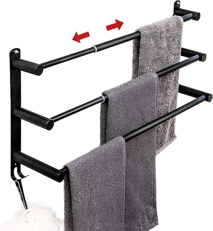 Towel Bars Freely Retractable 20-30 Inche Stainless Steel 304 Bath Towel Rack Strong 3M Adhesive Bathroom Wall-mounting Free mounting Hole-Installing washroom Kitchen Space Saving Black-3 Bars