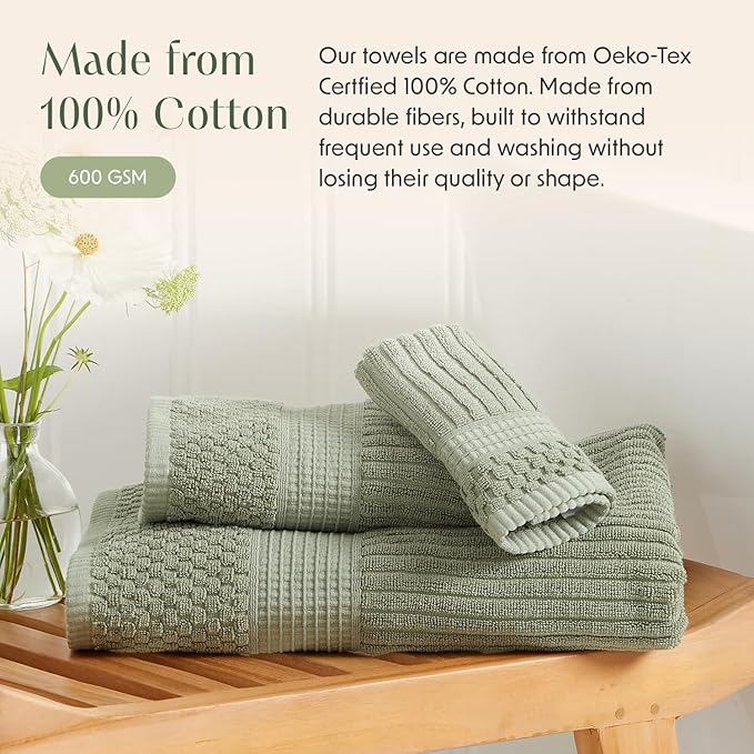 Springtree Home 100% Cotton Towel Set 6 Piece Set | Super Soft & Absorbent Quick-Dry 2 Bath Towels 2 Hand Towels & 2 Washcloths |Textured and Durable Cotton | Krista Collection (Lily Pad Green)