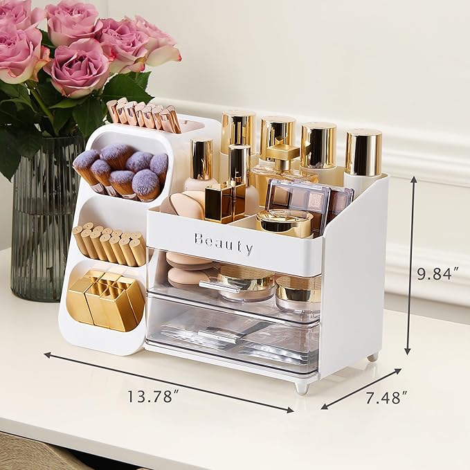 Makeup Organizer for Vanity with Brush Holder, Countertop Makeup organizer with Drawers for Skincare, Cosmetics, Perfumes, Eyeshadow Palettes, Spacious Cosmetic storage organizer