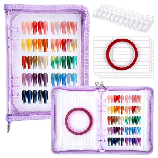 Segbeauty Nail Swatches Polish Display with Zipper, Nail Color Display Book Sample, Nails Polish Organizer A5 Binder with 240 False Tips, Gel Fake Press On Nails Art Salon Supplies Holder Purple