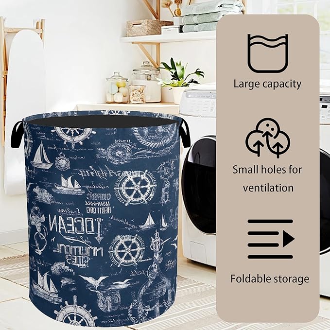 Navy Blue Foldable Laundry Hamper - Waterproof Fabric Storage Basket with Handles, Clothes Hampers for Laundry,Bedroom,Dorm