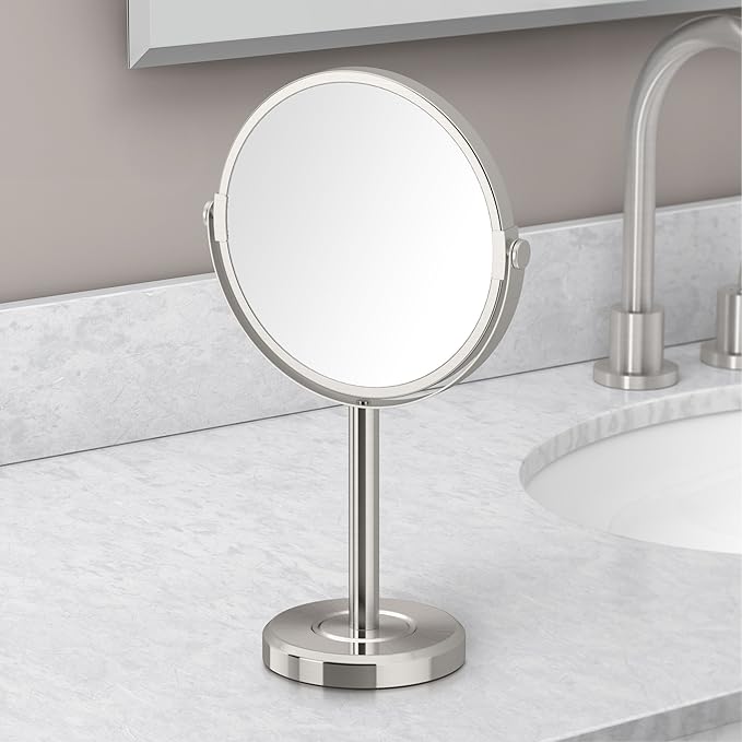 Gatco 1386SN Latitude II Minimalist 3X Magnifying Makeup Mirror, Countertop Bathroom Vanity Mirror, 12.5-Inch H, Satin Nickel