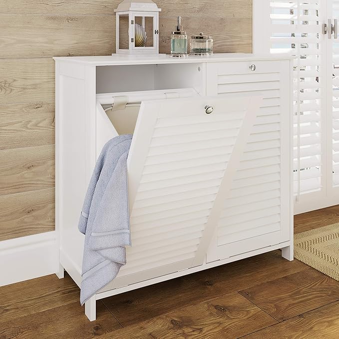 RiverRidge Ellsworth Double Tilt-Out Laundry Hamper Cabinet - Laundry Room Storage Cabinet with Removable Cloth Bag and Shutter Style Doors