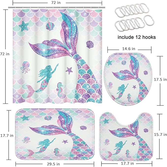 ArtSocket Pink Mermaid Tail Scales Bathroom Set with Shower Curtain and Rugs Accessories Sea Turtle Seahorse Octopus Conch Shower Curtain Set Cute Summer Bathroom Decor 4 Pcs