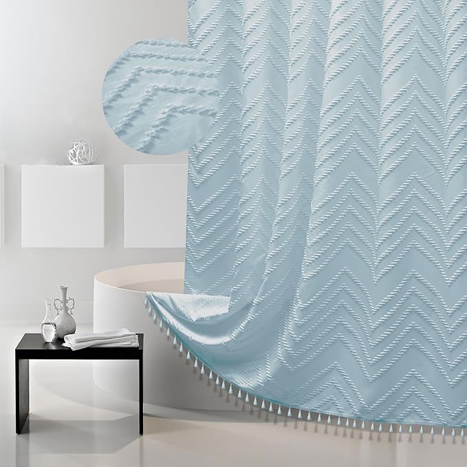 Boho Fog Blue Shower Curtain Woven Fabric Cute Shower Curtain, 72 x 72 Tufted Chevron Textured Striped Modern Farmhouse Minimalist for Bathroom