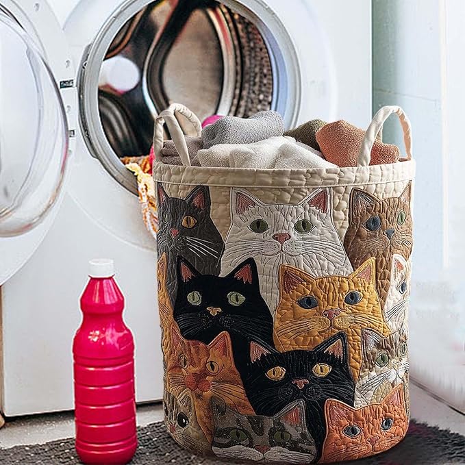 Cute Cat Quilted Laundry Basket with Handles, Boho Floral Fabric Quilted Laundry Basket, Large Soft Collapsible Storage Hamper for Nursery, Bedroom, Bathroom, Clothes & Toy Organization (#05)
