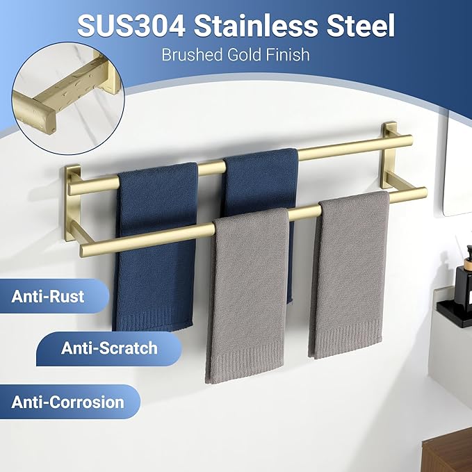 SAYAYO Double Towel Bar for Bathroom, 31.5 Inch Brushed Gold Bath Towel Rack Towel Holder Wall Mounted, SUS304 Stainless Steel