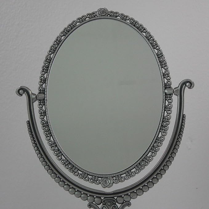 SEHAMANO Vintage Oval Double Sided Embossed Roses Frame Makeup Table Mirror for Bathroom Bedroom Dressing, Antique Decorative Vanity Cosmetic Metal Stand Mirror (Large, Tin (Matt Silver))